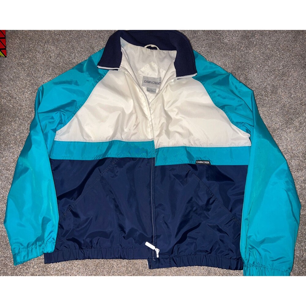 Vtg 90’sWindbreaker CABIN CREEK Women’s Jacket Large White Green Navy Blue